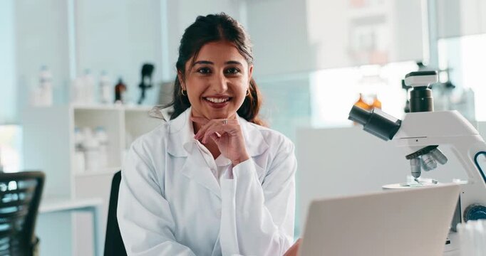 Woman, face or forensic scientist with laptop for medical research or study at laboratory. Portrait, female person or smile with computer for microbiology, examination or healthcare development