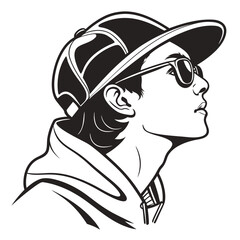 Sporty wraparound sunglasses silhouette, dynamic curve design, solid black fill, clean white background