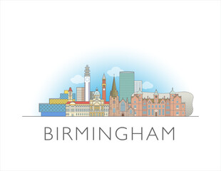 Naklejka premium Birmingham, England skyline cityscape illustration drawing in colour