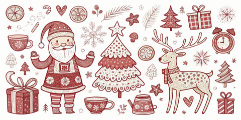 Illustration of christmas themed elements including santa claus reindeer and decorated christmas tree