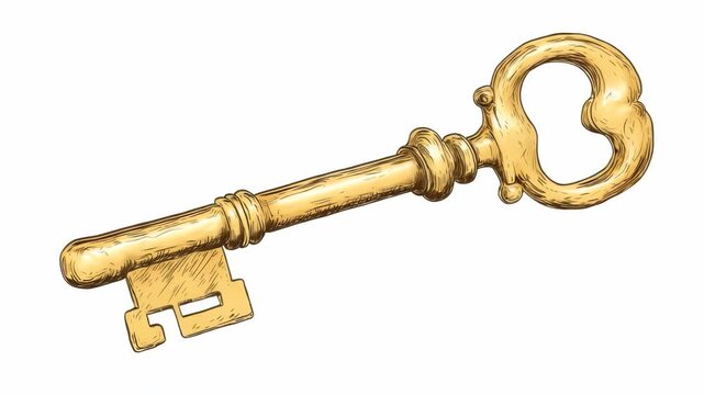 Hand-drawn antique golden key with ornate handle design, detailed sketch style on white background, symbol of access or security concept