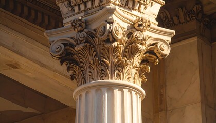 Detailed view of a classical column's capital, showcasing its intricate carvings