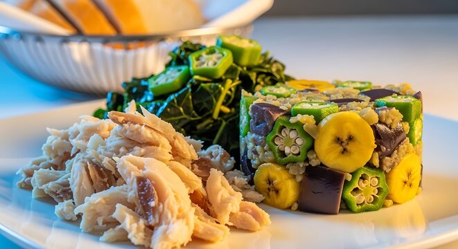 Antiguan Saltfish & Chop-Up isolated on a white plate, flaked salted cod beside a mash of callaloo, okra, eggplant, and banana