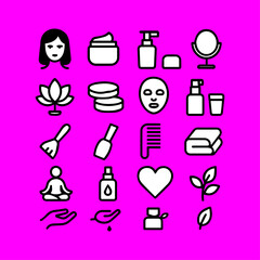 Filled black icons set of beauty and skincare tools on pink background