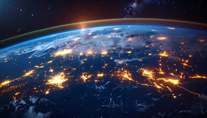 Earth at night from space with city lights and stars in the background
