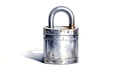 Detailed Watercolor Illustration of a Shiny Metallic Padlock on White Background