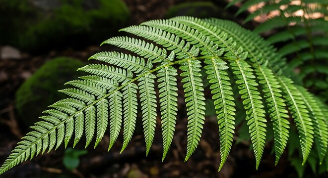 Lush green fern frond in a natural forest setting.