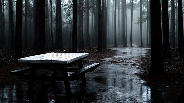 Rainy Day Picnic Table in a Dark Forest