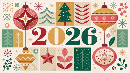 Illustration of the year two thousand twenty six with christmas ornaments and winter foliage designs