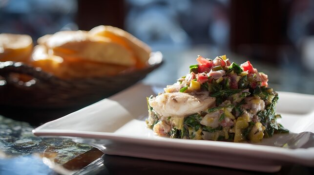 Antiguan Saltfish & Chop-Up isolated on a white plate, flaked salted cod beside a mash of callaloo, okra, eggplant, and banana