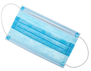 Light-blue disposable face mask, top view.  Elastic ear loops, flat design.  Simple, protective covering