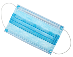 Light-blue disposable face mask, top view.  Elastic ear loops, flat design.  Simple, protective covering
