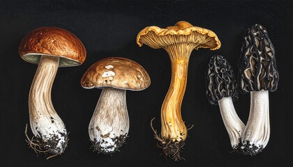 Detailed Watercolor Illustration of Various Edible Mushroom Varieties