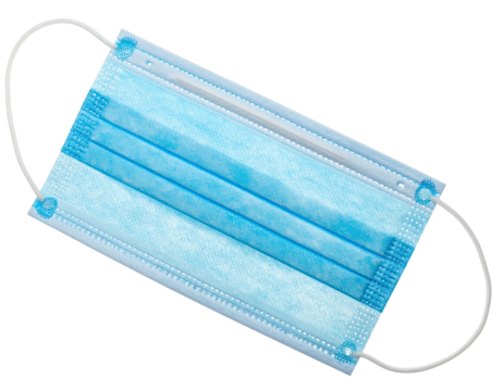 Light-blue disposable face mask, top view.  Elastic ear loops, flat design.  Simple, protective covering