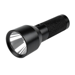 Black tactical flashlight, angled view