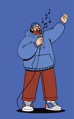 Cartoon figure sings into a microphone The figure wears glasses and a hoodie standing on a blue background with music notes