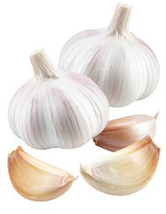 Two whole heads of garlic and sliced cloves, displayed against a plain background