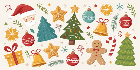 A festive christmas collection featuring santa claus christmas trees ornaments and holiday themed elements decor