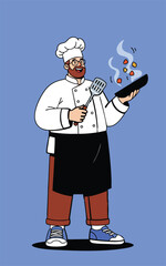 Chef with a hat apron  spatula tossing food in a frying pan on blue