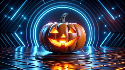 Halloween neon metallic backdrop pumpkins glowing jack o lantern spooky modern atmosphere minimal clean design template for flyer poster banner advertising branding with copy space for logo or text