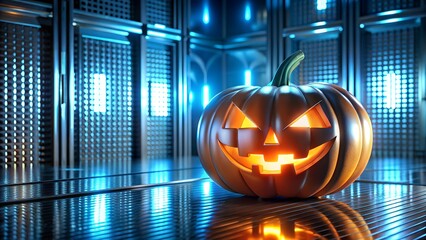 Spooky Halloween neon metallic pumpkins lanterns glowing jack o lantern dark background minimal template for flyer poster banner advertising branding with copy space for company text or logo