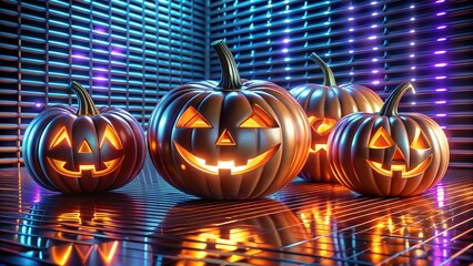 Halloween creative neon metallic pumpkins glowing lanterns jack o lantern faces spooky dark background minimal clean template for flyer poster banner advertising branding with copy space for company