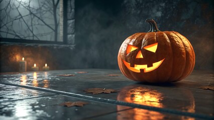 Halloween background glowing pumpkins neon metallic jack o lantern spooky atmosphere minimal modern design template for flyer poster banner advertising branding with copy space for logo or text