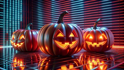 Halloween glowing pumpkins jack o lantern neon metallic background spooky dark scene minimal design template for flyer poster banner advertising branding with copy space for text or company logo