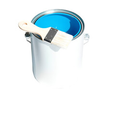 Photo of white paint can with brush isolated on transparent background