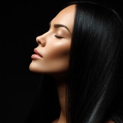 Fototapeta premium Glamorous side view of a young woman with closed eyes and black hair moving in the air. High fashion and chic portrait expressing sophistication and style.