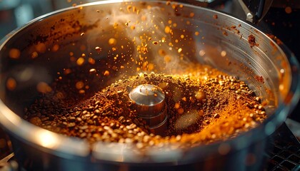 Coffee bean crushing grinder detailed view with powder particles in the mid air