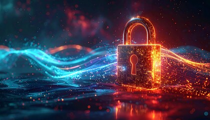 Cybersecurity Concept: Digital Padlock with Glowing Lines and Data Visualization