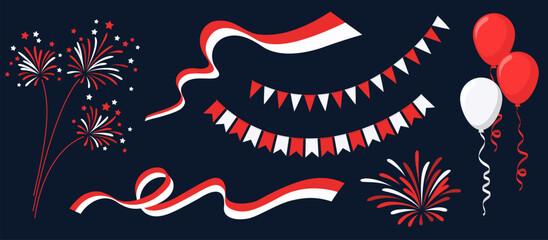 Festive garlands of flags, ribbons, balloons, and fireworks in red and white. The red and white Indonesian flag.
