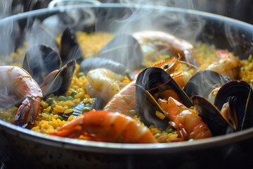Steaming hot seafood paella bursting with flavor and color in a rustic pan
