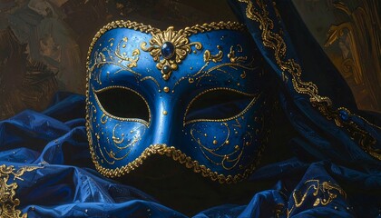 Elegant Blue and Gold Mask with Ornate Decorations on a Dramatic Background