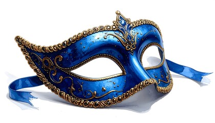 Elegant Blue and Gold Venetian Mask Isolated on White Background