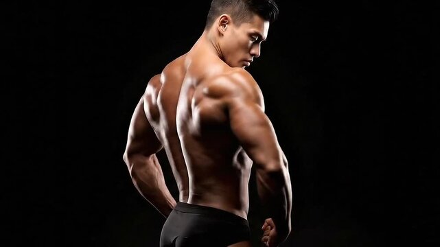 Muscular Asian Man Posing with Shiny Muscles against Black Background with Dramatic Lighting Showcasing Defined Physique and Striated Muscle Fibers in Dark Underwear