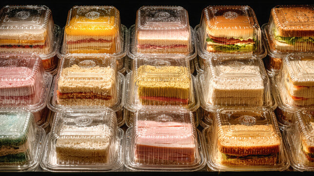 Mini sandwich plastic box deli assorted layered sliced tray catering lunch snack colorful stack mini sandwich plastic box deli assorted layered