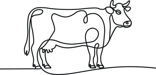 Cows on pasture in One continuous line drawing. Milk calf animal grazing symbol and beef meat farm concept in simple linear style. Editable stroke. Doodle vector illustration.