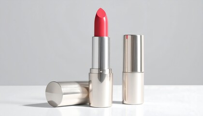 Elegant Lipstick Display with Red Lipstick and Metallic Cases on a White Surface