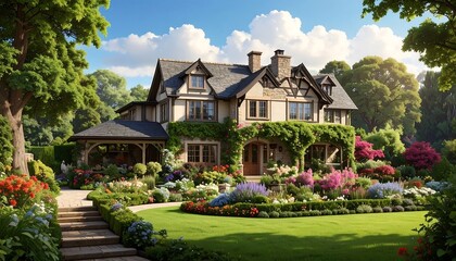 Elegant English Country House with Lush Garden and Beautiful Landscaping