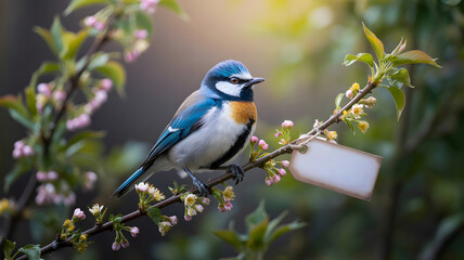 Obraz premium Little bird perching on cherry blossom branch with tag