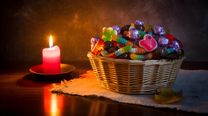 Halloween trick or treat basket with candy and candle