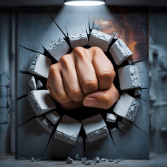 Fist breaking concrete wall representing challenge breakthrough
