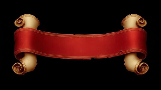 Decorative red scroll banner with gold trim and curled ends, realistic style on black background, symbolizing vintage or classic announcement