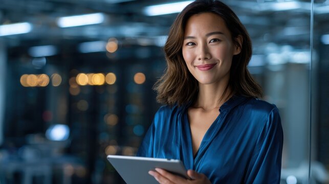 Confident businesswoman with tablet in modern office. Leadership and digital strategy. - Powered by Adobe
