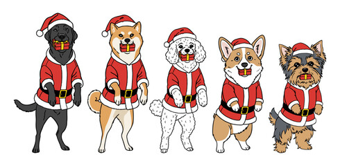 dogs wearing santa claus costumes with gift boxes in the mouth, retriever, shiba inu, poodle, corgi, Yorkshire terrier, Christmas set of cute pets