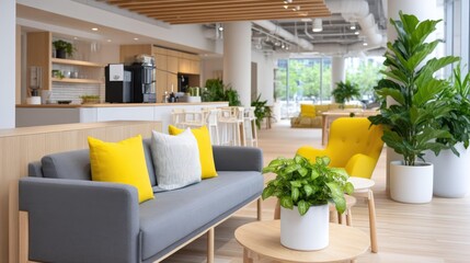 Fototapeta premium Modern and Welcoming Lobby Design Featuring Cozy Seating, Bright Yellow Accents, Green Plants, and a Contemporary Atmosphere Ideal for Relaxation and Social Activities.