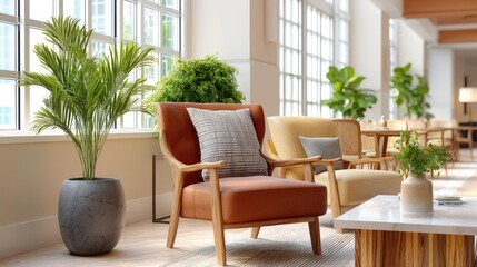 Fototapeta premium Discover a modern lobby design featuring stylish furniture, warm wood accents, and vibrant greenery creating a welcoming atmosphere for relaxation and social engagement in contemporary spaces.