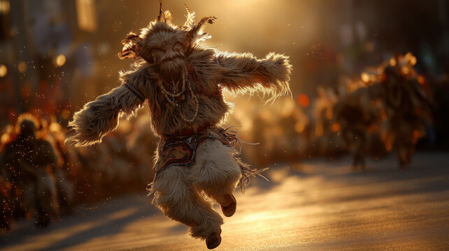 Kurent dancer in vibrant fur costume joyfully leaps during traditional festivity